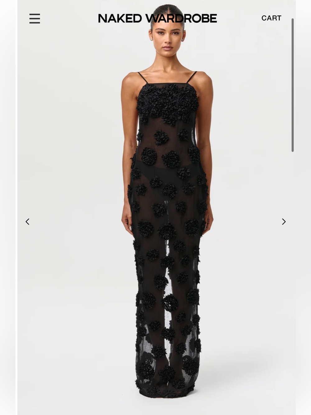 naked wardrobe Black Sheer Maxi Dress with 3D Floral Appliqués